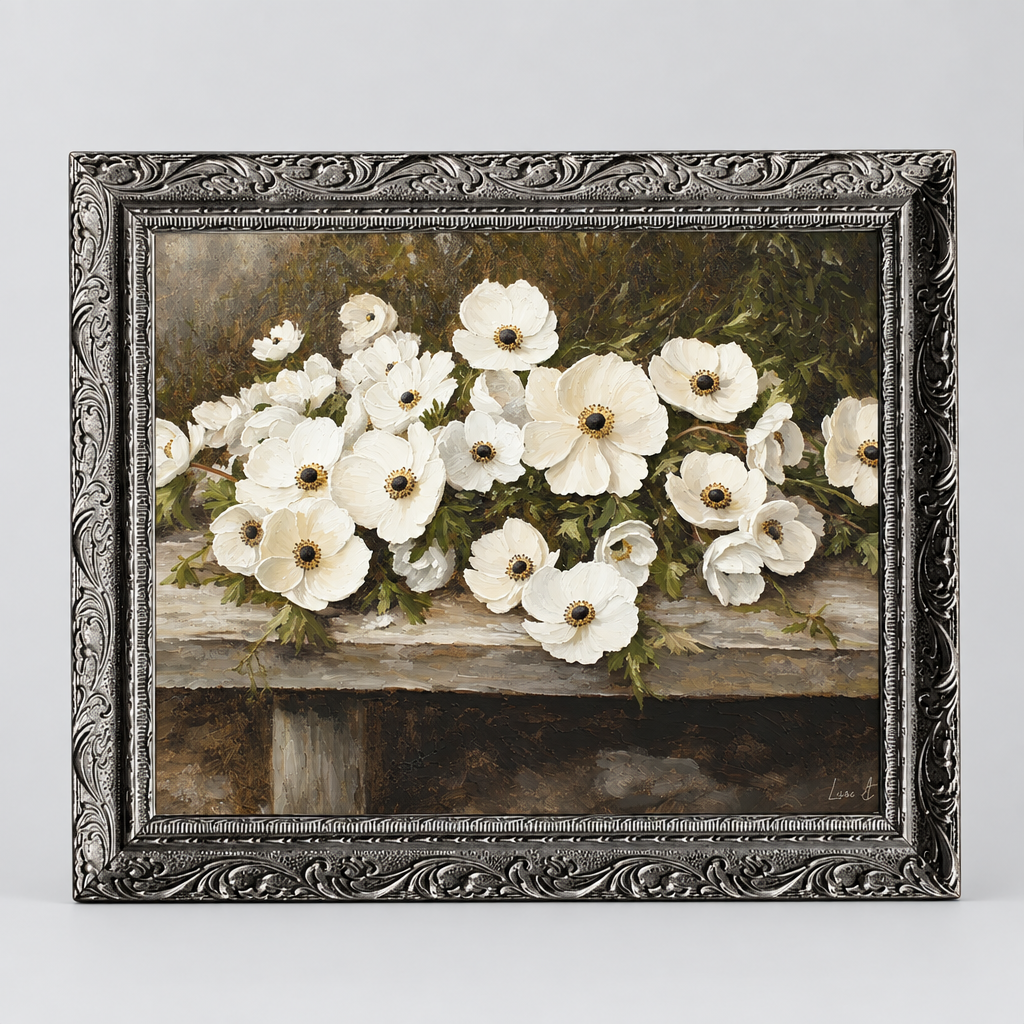 Artwork of white flowers in a dark ornate frame.