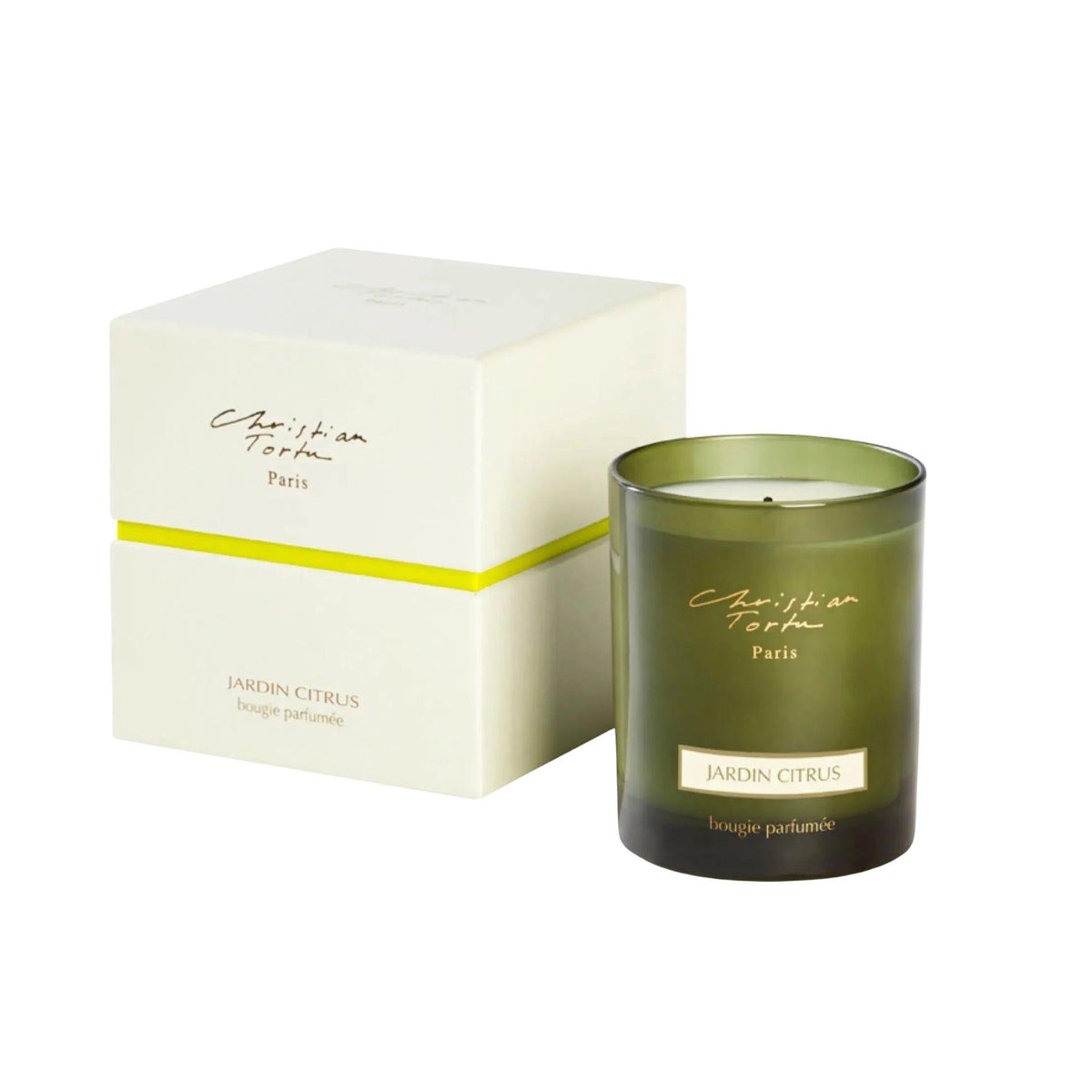 Christian Tortu's Jardin Citrus green glass scented candle with box, on a white background.
