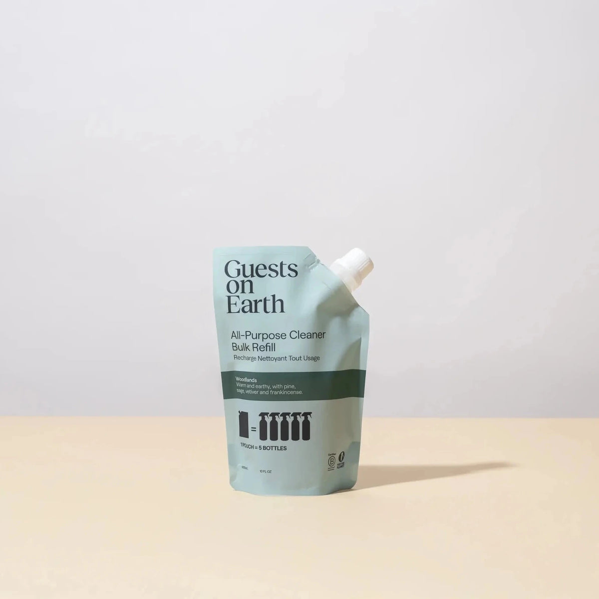 All-purpose cleaner refill pouch with 'Guests on Earth' branding on a beige surface and light gray background.