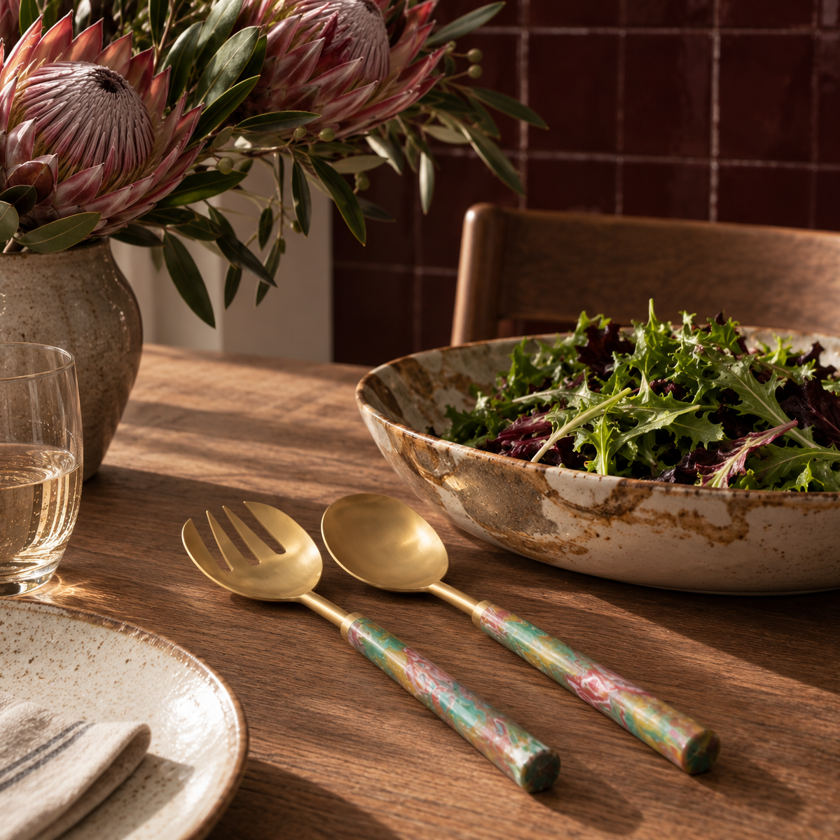 Salad Servers with Marbled Resin Handles