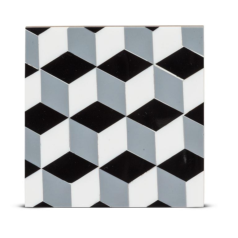 A square mosaic-patterned coaster in black, white, and gray cubes, shown on a plain white background.