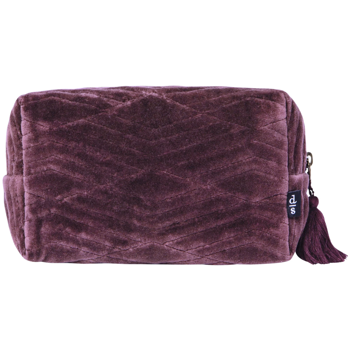 Dark purple quilted pouch bag with a matching tassel on a white background.