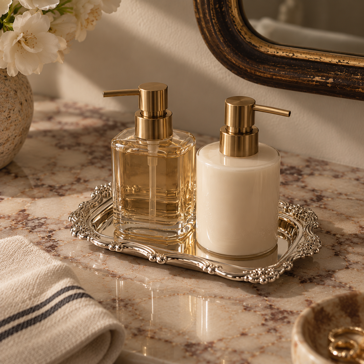 Two bathroom pump bottles on an ornate silver tray, one with a gold-toned cap and one with a gold-toned pump, set on a marble countertop with a folded towel nearby.