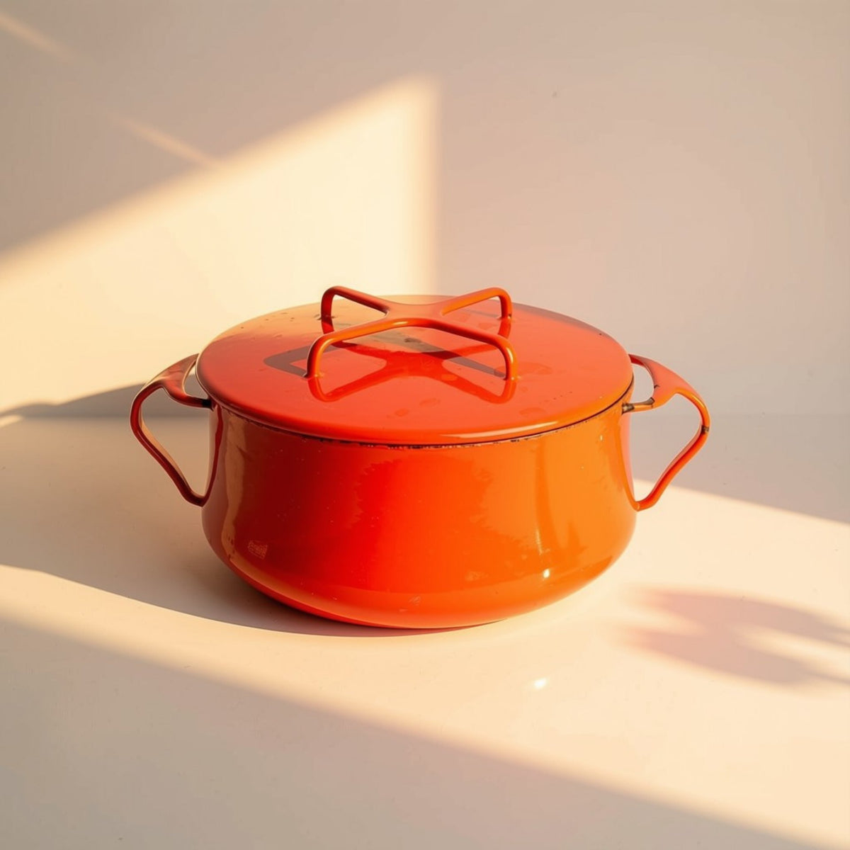 A bright red enameled Vintage Dansk with a matching lid, featuring a star-shaped handle on top and two side handles, set against a plain white background.