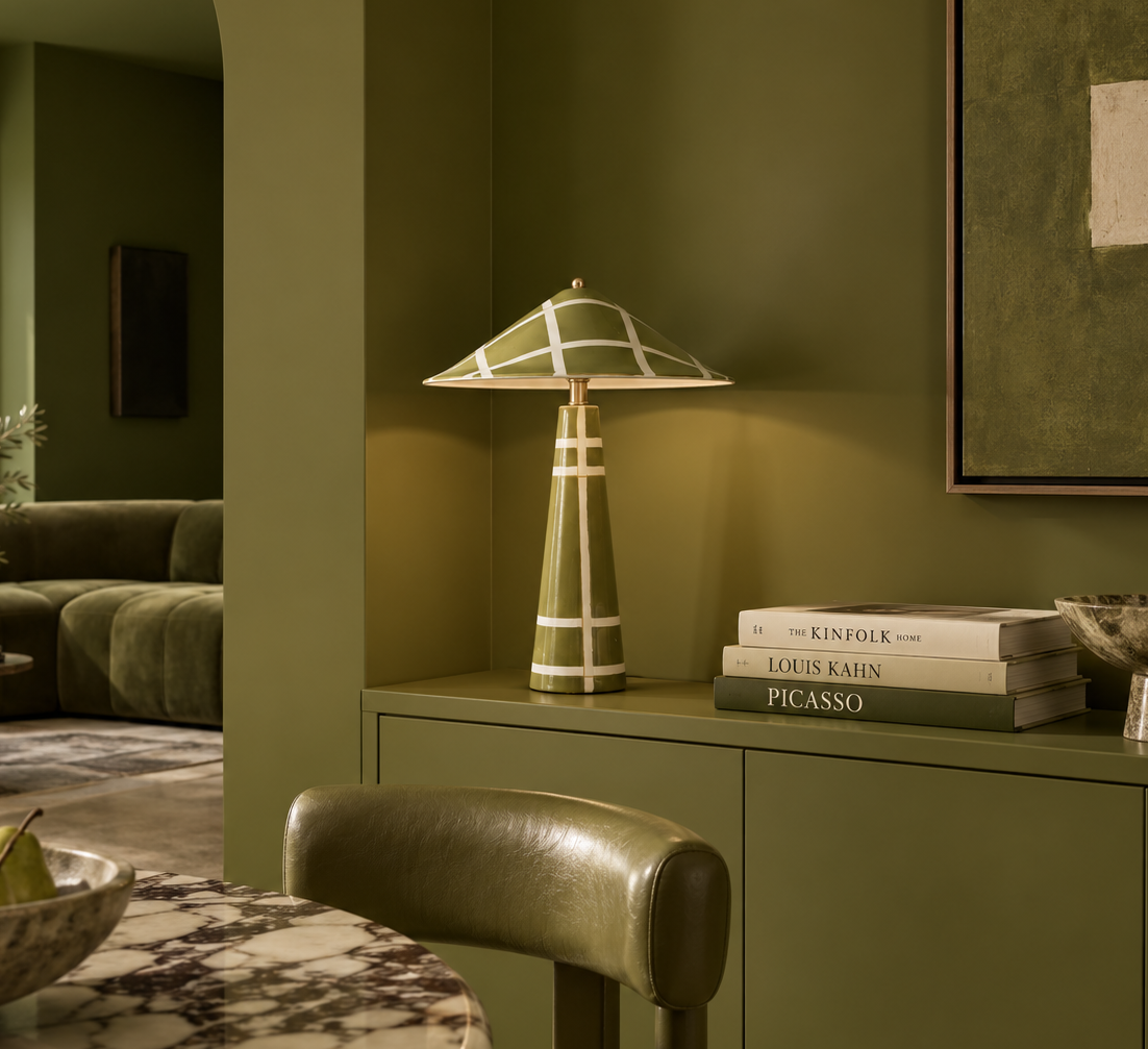 Avocado Green Plaid Ceramic Table Lamp