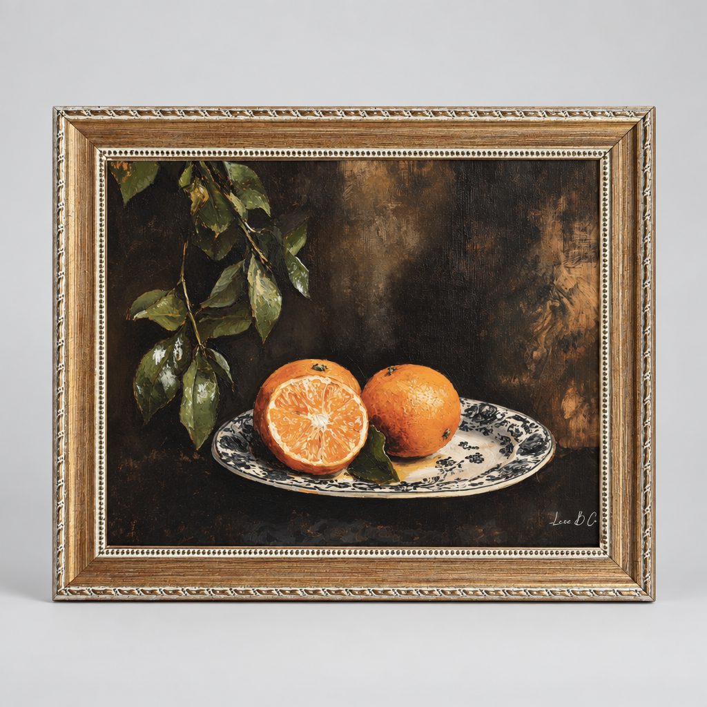 Still life painting reproduction of oranges on a plate with a leafy branch, in an ornate antique-looking frame.