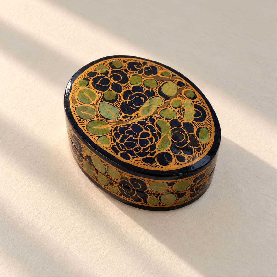 Lucky Find: Oval Papier-Mâché Trinket Box, Navy & Gold Floral
