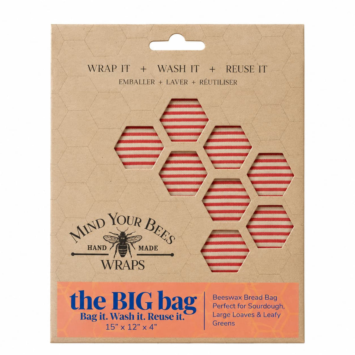 Red stripe pattern beeswax bread bag in kraft card packaging on seamless background.