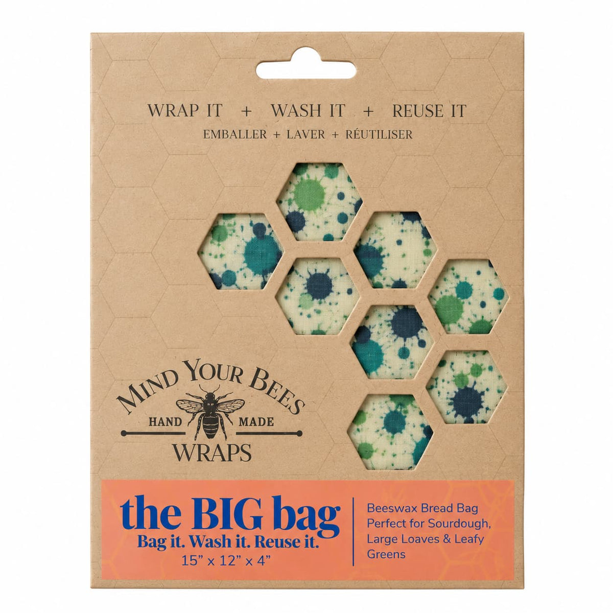 Green splatter pattern beeswax bread bag in kraft card packaging on seamless background.