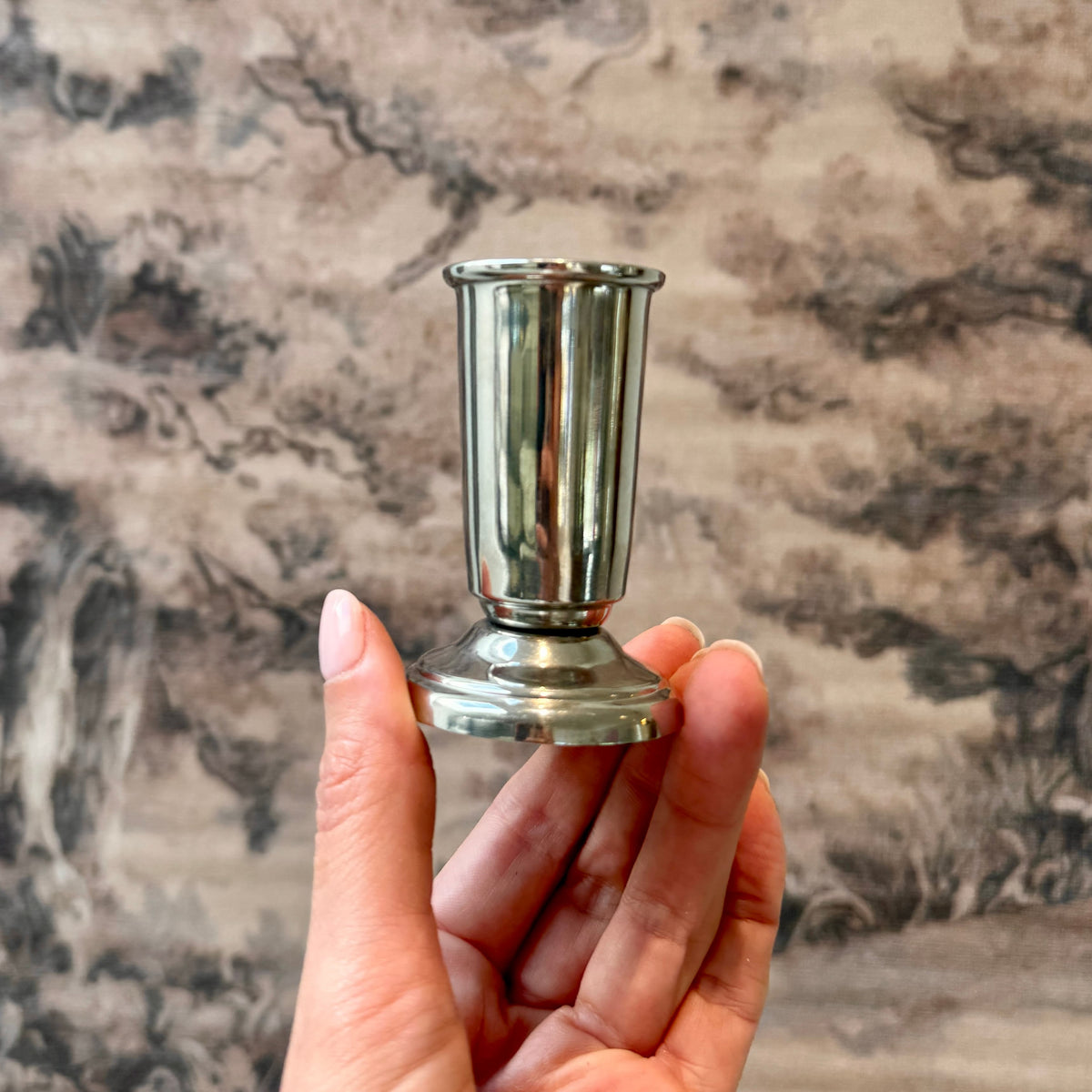 A hand holding a small, narrow polished silver metal cup against a blurred scenic background.