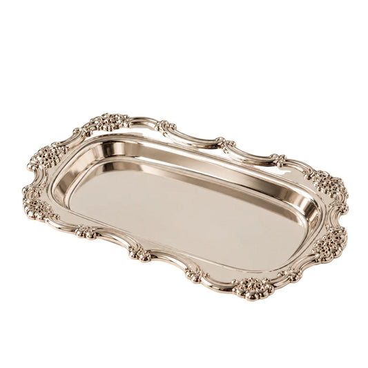 Ornate small silver tray on seamless background.