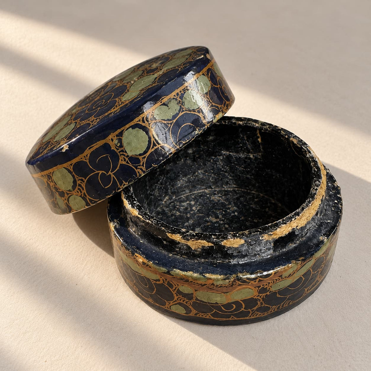 Lucky Find: Oval Papier-Mâché Trinket Box, Navy & Gold Floral