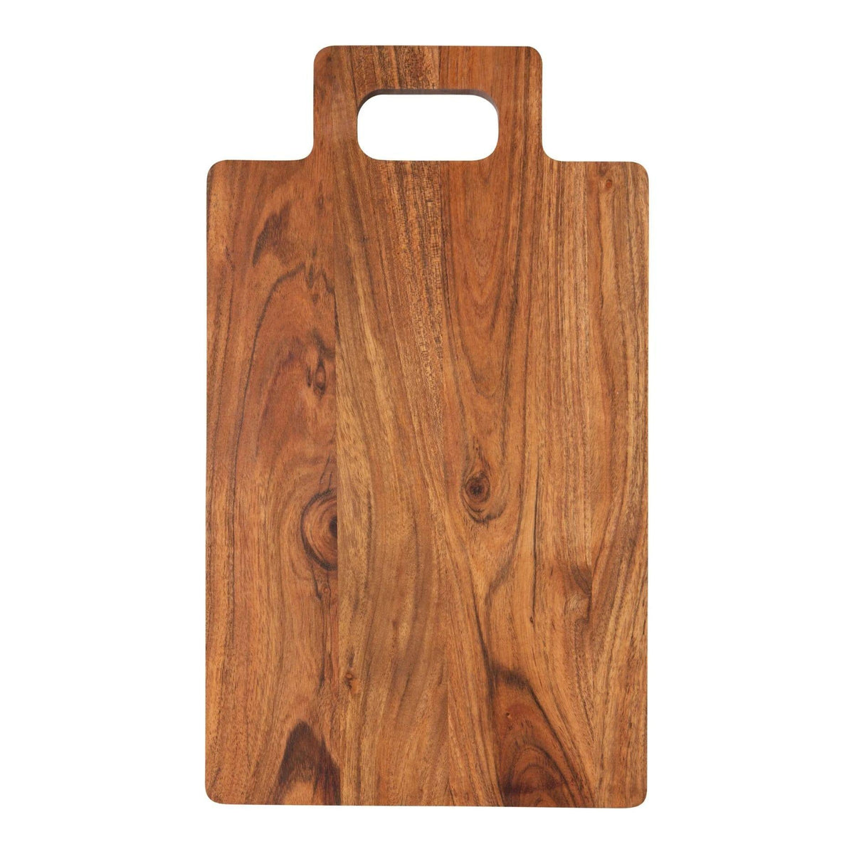 A rectangular wooden cutting board with a built-in handle cutout at the top, featuring a warm medium-brown wood grain pattern, shown against a plain white background.