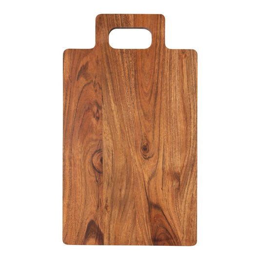 A rectangular wooden cutting board with a built-in handle cutout at the top, featuring a warm medium-brown wood grain pattern, shown against a plain white background.