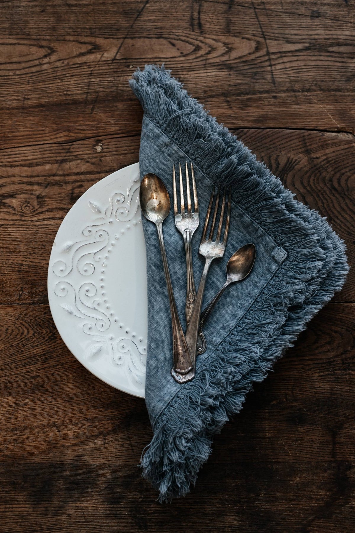 Artisan Linen Fringe Napkin Set, Ocean Grey - Petite Thuet & Co.