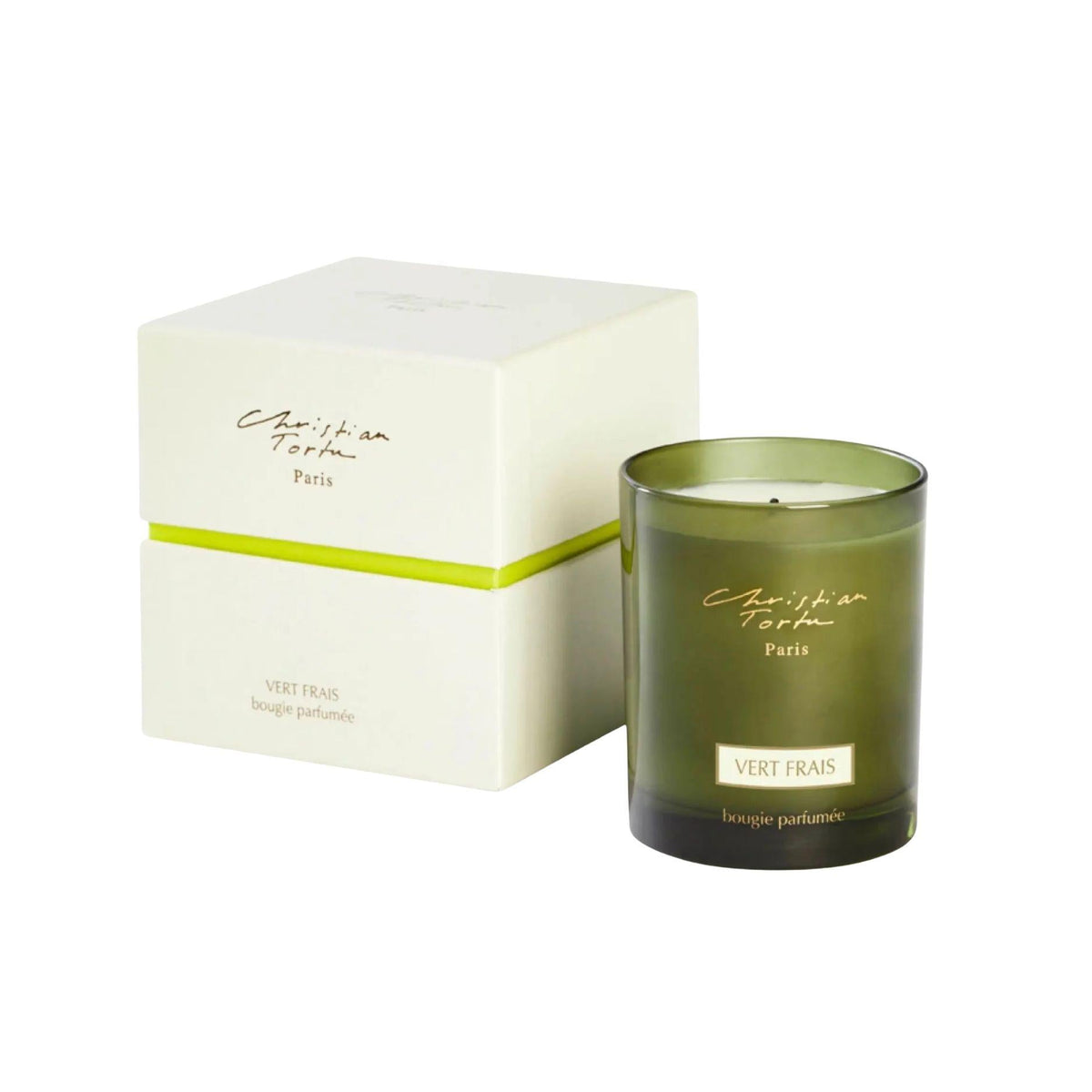 Christian Tortu's Vert Frais green glass scented candle with box, on a white background.