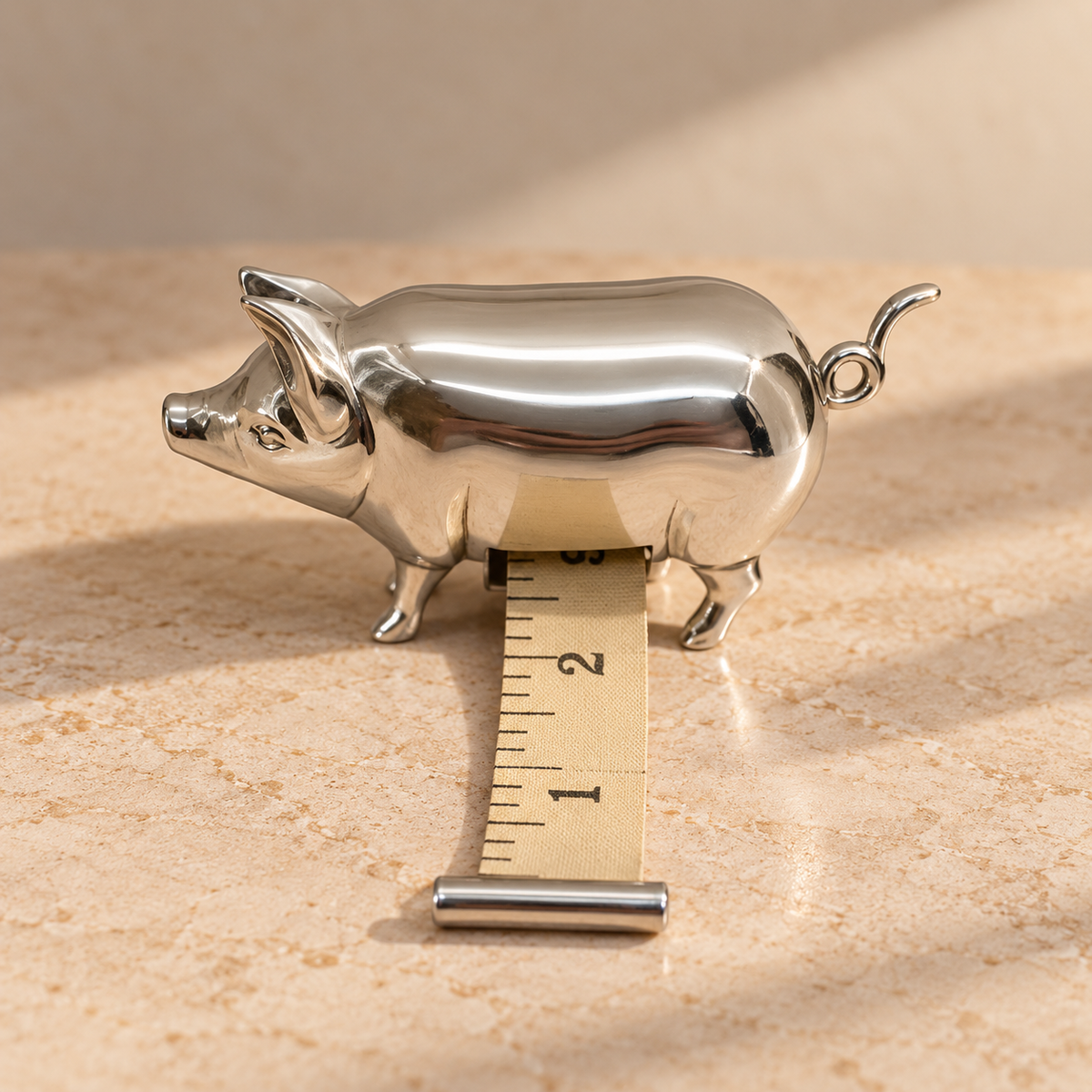 A polished silver pig-shaped measuring tape standing on a beige stone surface with a tape measure tape extended downward to show the scale.