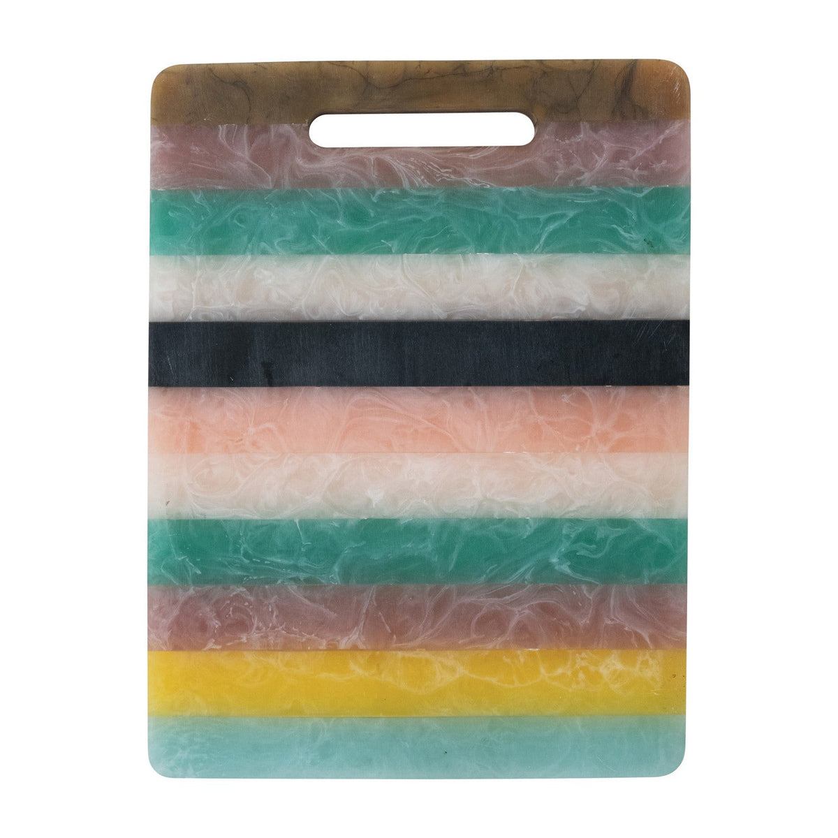 Colourful striped cutting board with a handle on a white background.