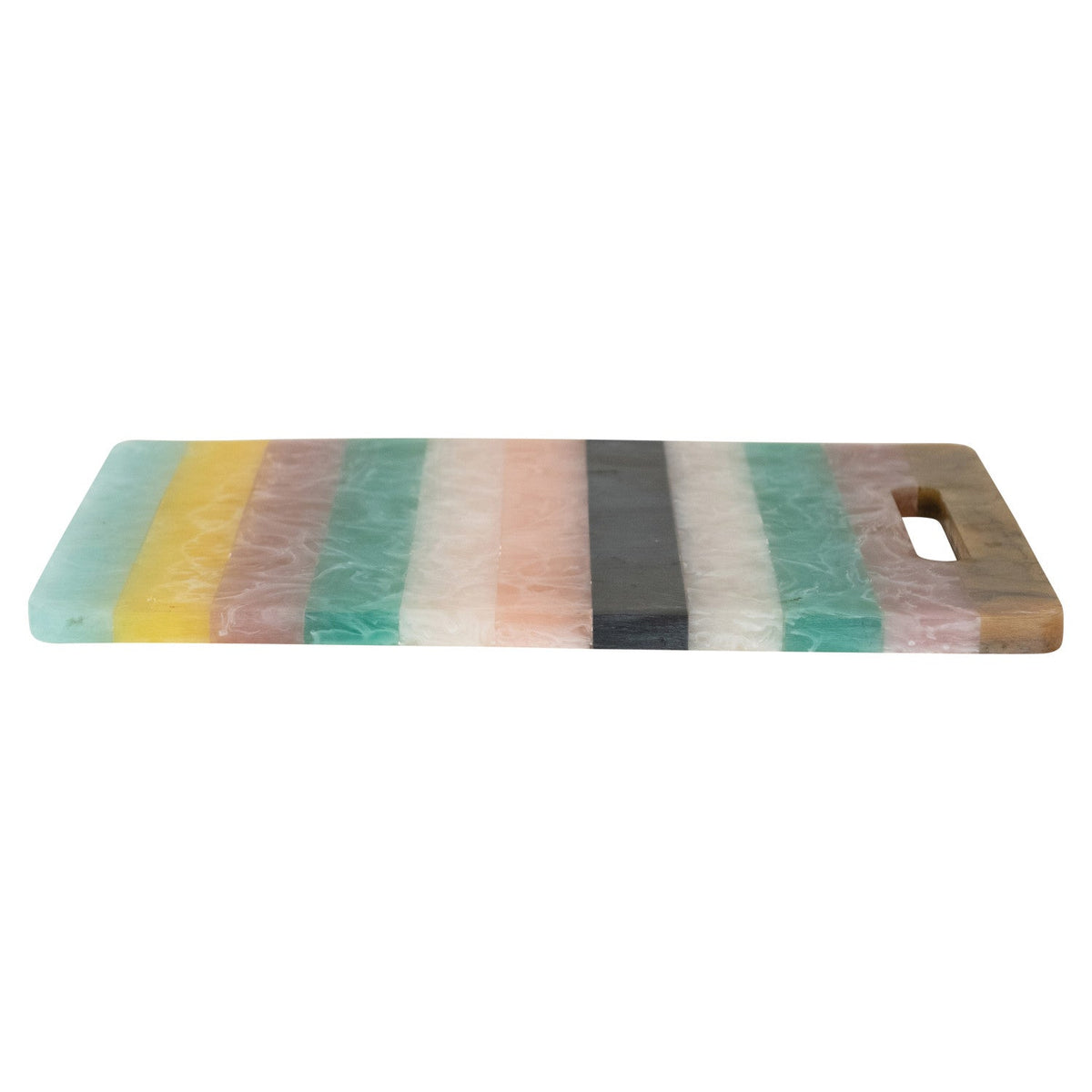 Colorful striped resin cutting board on a white background.