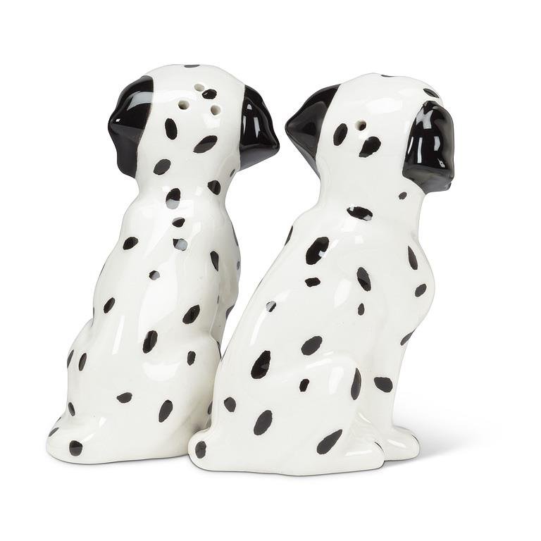 Two glossy ceramic Dalmatian dog salt and pepper shakers on a clean white background.