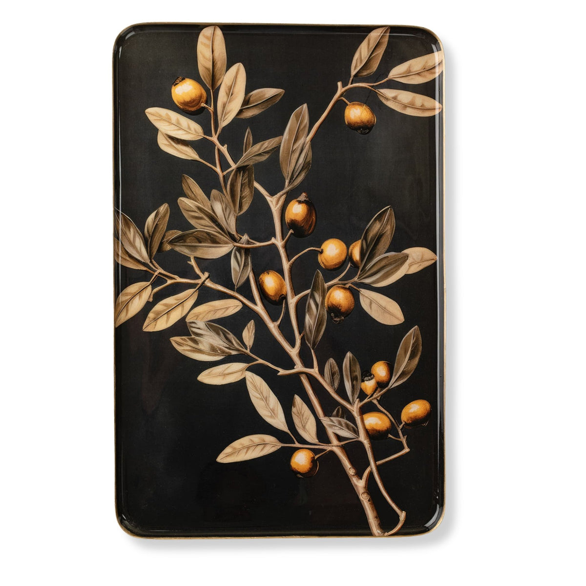A rectangular black tray with a glossy finish, featuring a detailed botanical illustration of a branch with brown leaves and small golden-orange berries, set against a plain cream background.