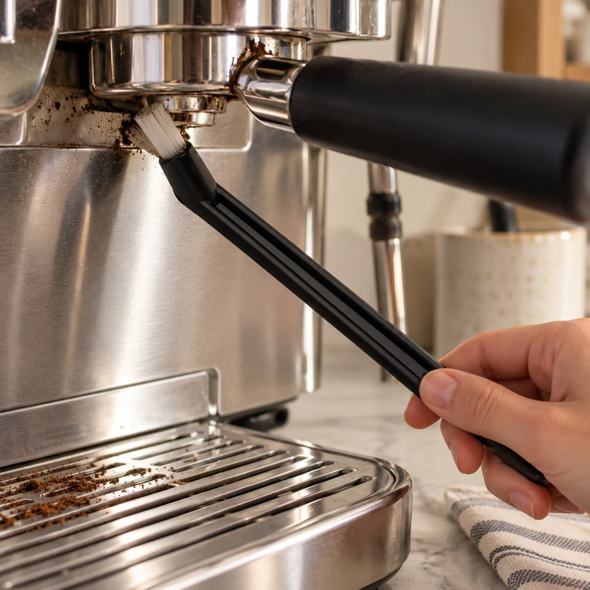 Black plastic brush with nylon bristles is cleaning a stainless steel espresso machine on a marble countertop.