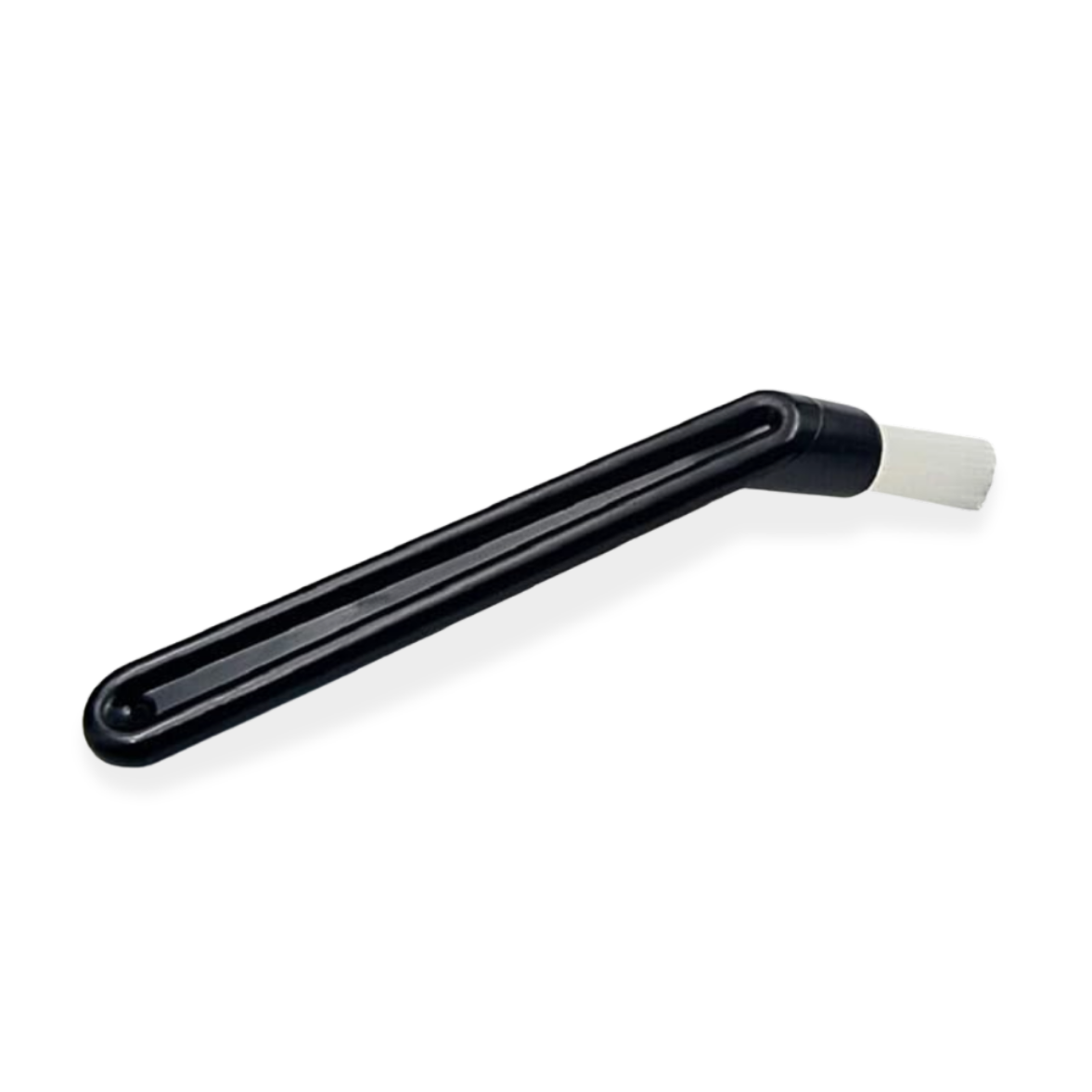 A black plastic espresso machine cleaning brush with a long, curved handle and nylon bristles, shown on a plain white background.