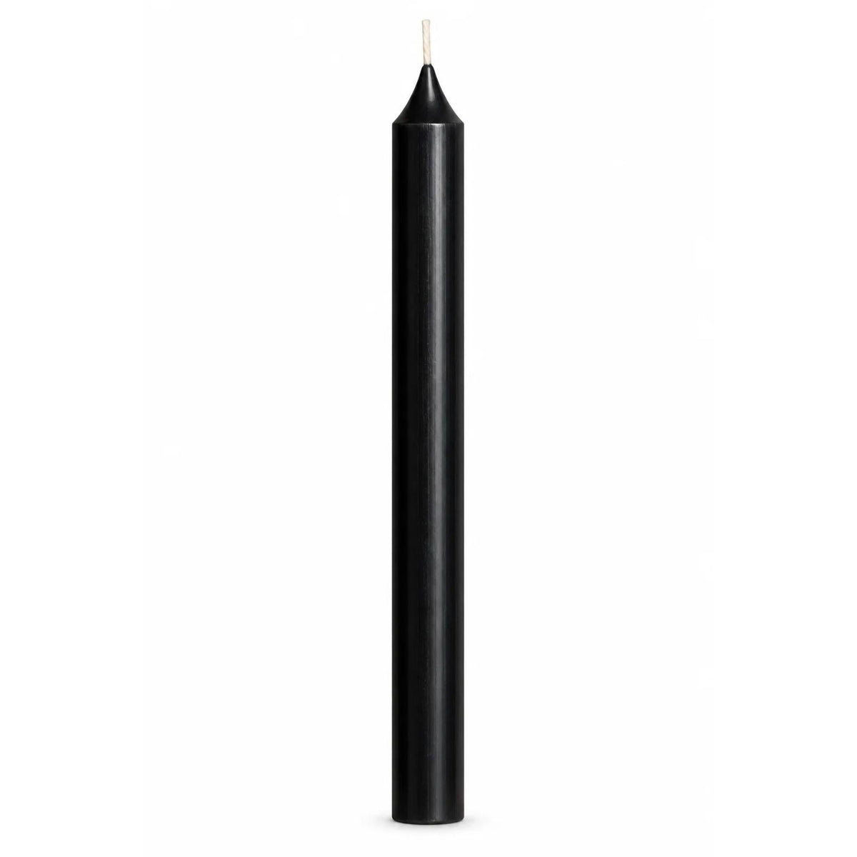 A single tall, slender black taper candle with a white wick, centered against a solid white background.