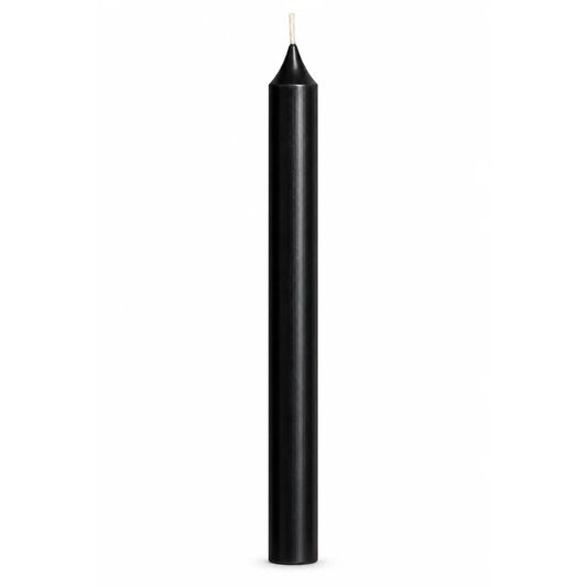 A single tall, slender black taper candle with a white wick, centered against a solid white background.
