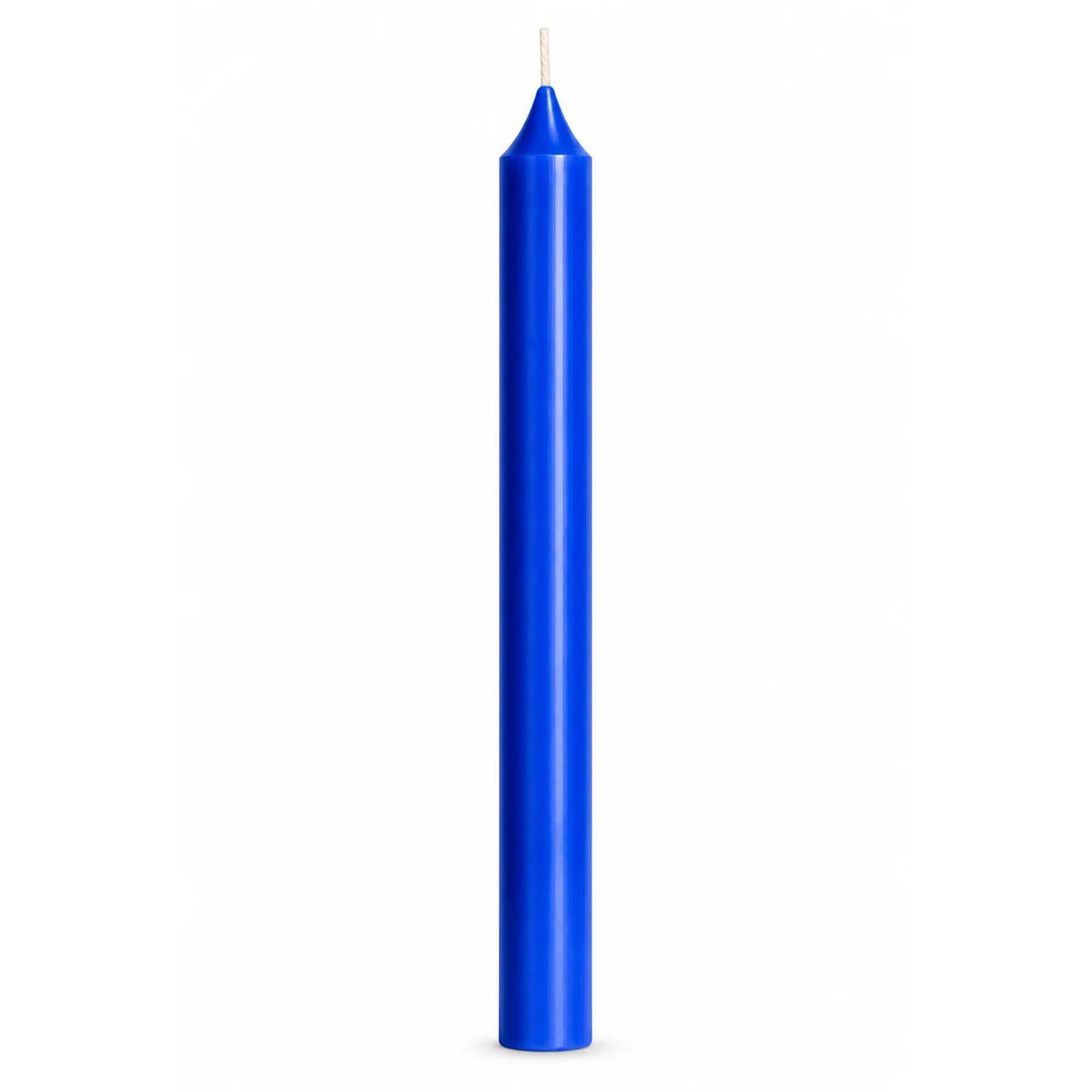 A single tall, slender bright cobalt blue taper candle with a white wick, centered against a solid white background.