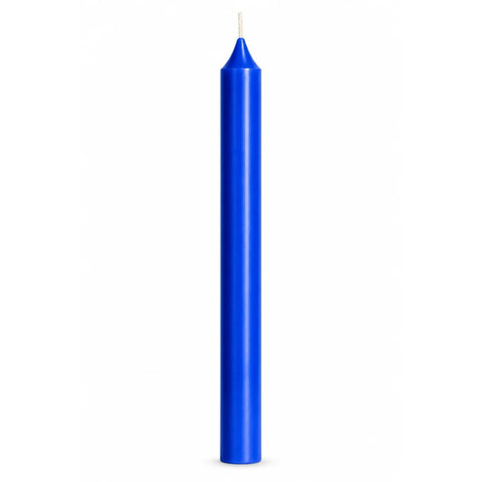 A single tall, slender bright cobalt blue taper candle with a white wick, centered against a solid white background.