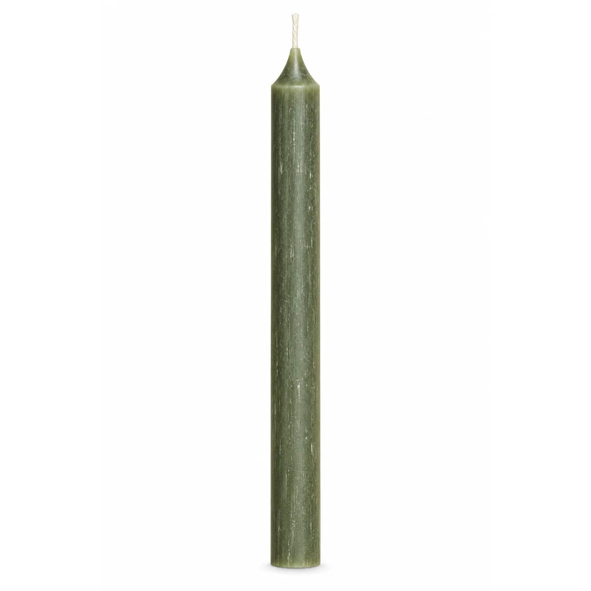 A single tall, slender pine green taper candle with a white wick, centered against a solid white background.