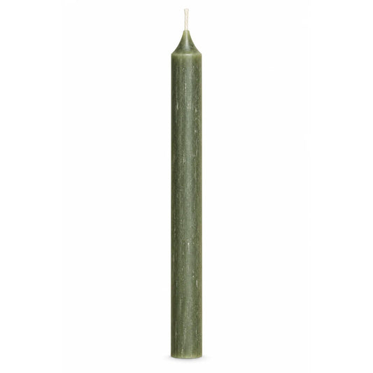 A single tall, slender pine green taper candle with a white wick, centered against a solid white background.
