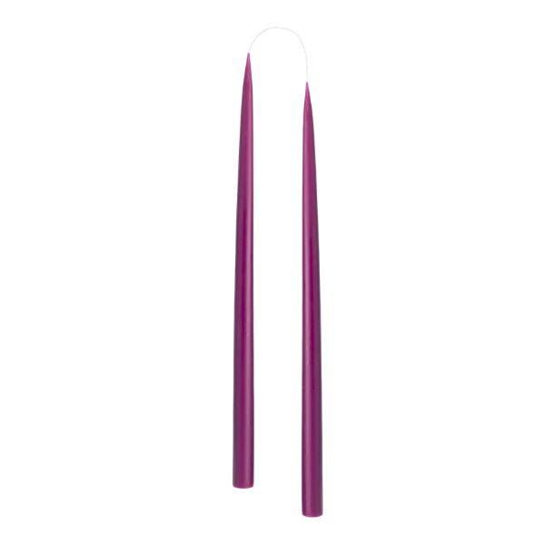 Two slim, tapered dark magenta candle sticks, shown vertically against a plain white background.