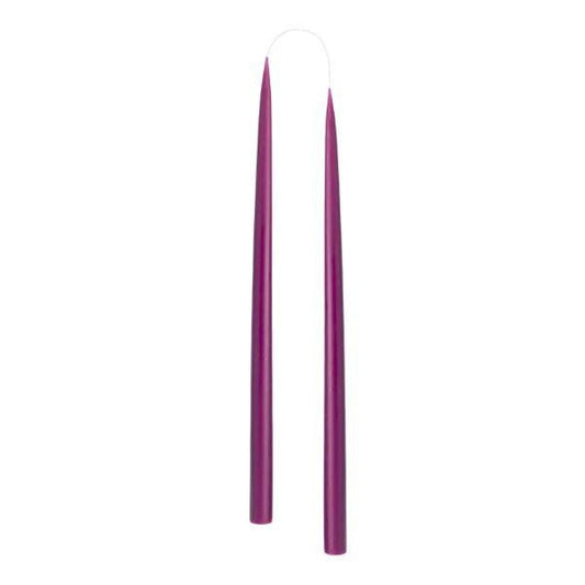 Two slim, tapered dark magenta candle sticks, shown vertically against a plain white background.