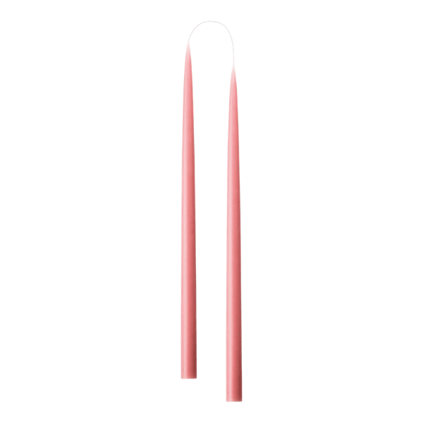 Two slim, tapered pink candle sticks, shown vertically against a plain white background.