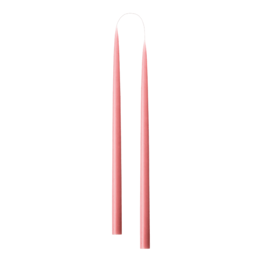 Two slim, tapered pink candle sticks, shown vertically against a plain white background.