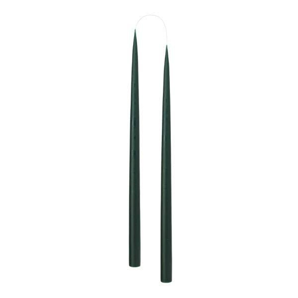 Two slim, tapered dark green candle sticks, shown vertically against a plain white background.