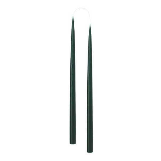 Two slim, tapered dark green candle sticks, shown vertically against a plain white background.
