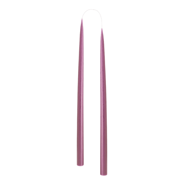 Two slim, tapered pale purple candle sticks, shown vertically against a plain white background.