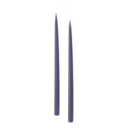 Two slim, tapered navy blue candle sticks, shown vertically against a plain white background.