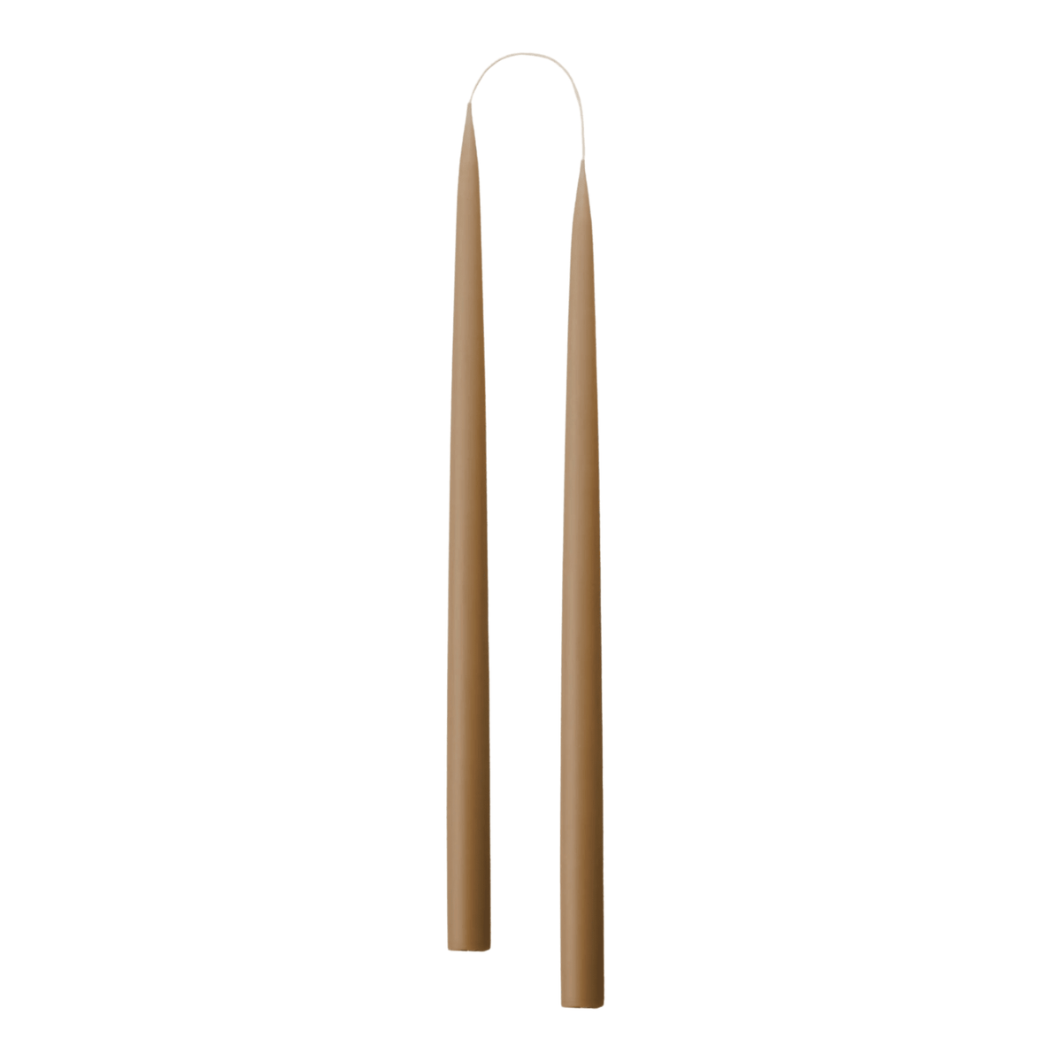 Two slim, tapered brown candle sticks, shown vertically against a plain white background.