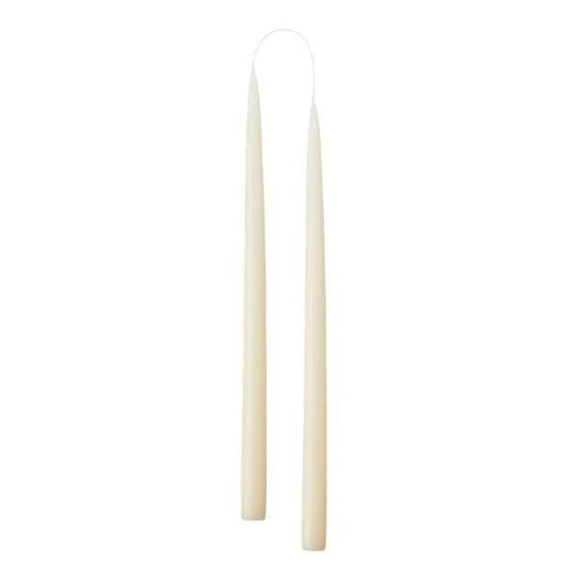 Two slim, tapered cream candle sticks, shown vertically against a plain white background.