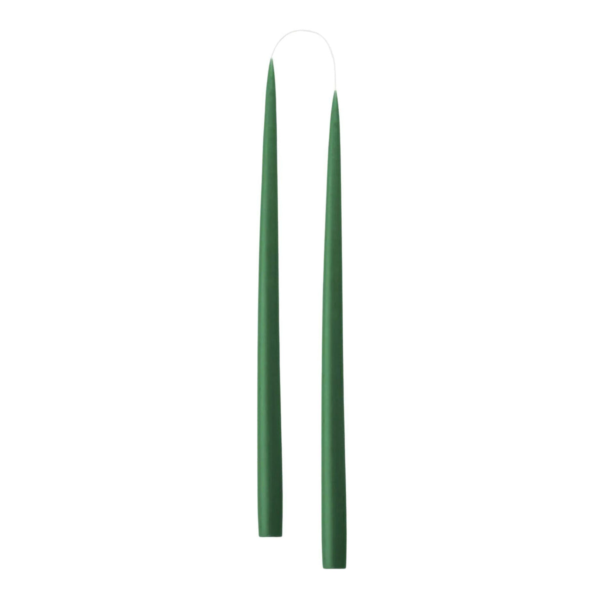 Two slim, tapered green candle sticks, shown vertically against a plain white background.