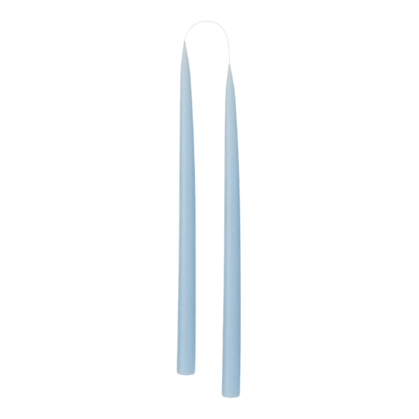 Two slim, tapered pale blue candle sticks, shown vertically against a plain white background.