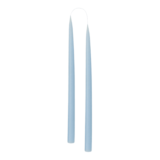 Two slim, tapered pale blue candle sticks, shown vertically against a plain white background.