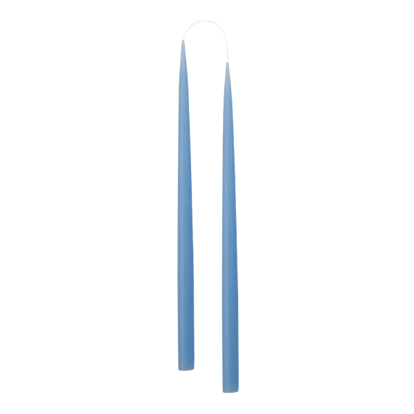 Two slim, tapered sky blue candle sticks, shown vertically against a plain white background.