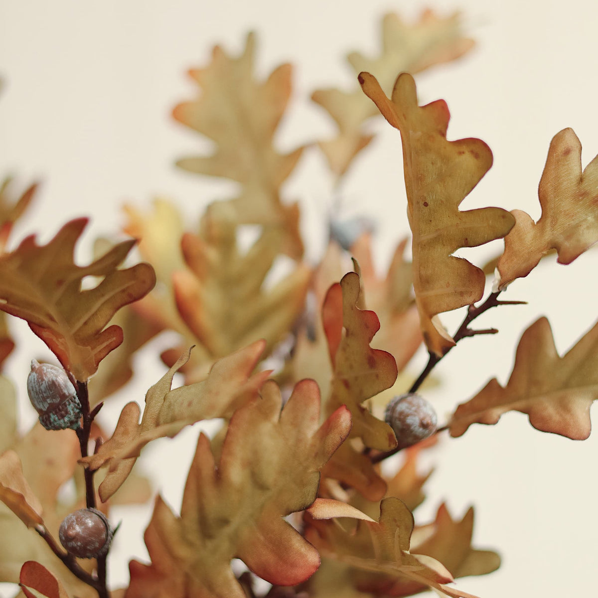 Autumn oak leaf artificial branch arrangement with small acorns in a dark ceramic pot, photographed against a soft cream background.
