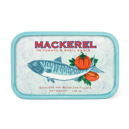 Ceramic plate with vintage mackerel illustration on a white background.