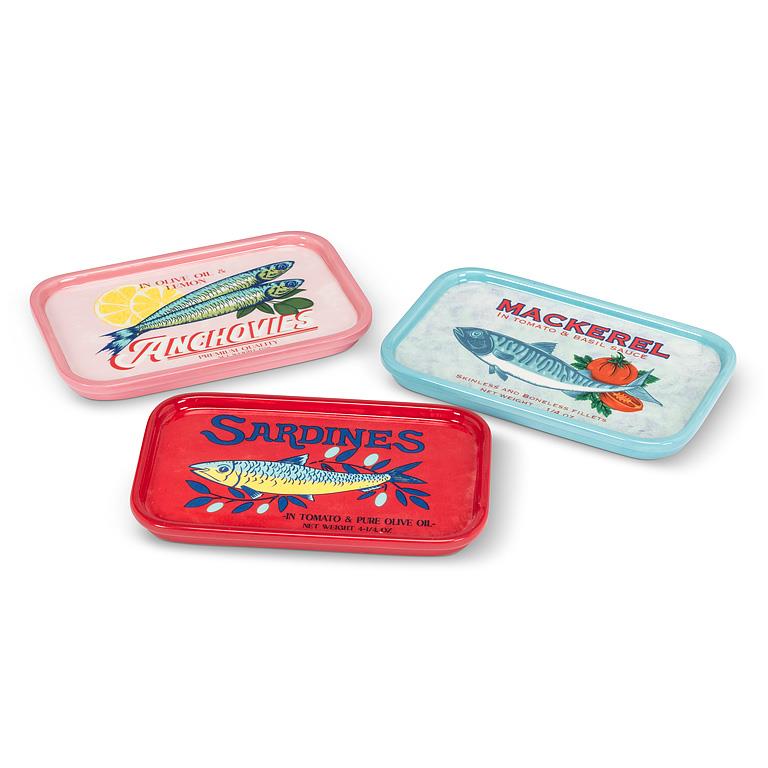 Three colourful ceramic tapas plates with fish illustrations and text on a white background.